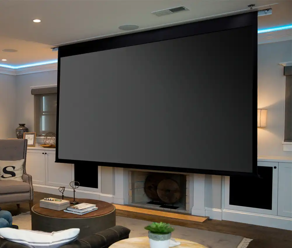 A large projection screen in a living room of a Chicago North Shore home.
