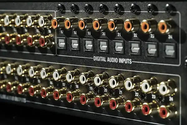 back-of-stereo-receiver-600x400 A close up of an audio amplifier being installed in a Chicago North Shore home.