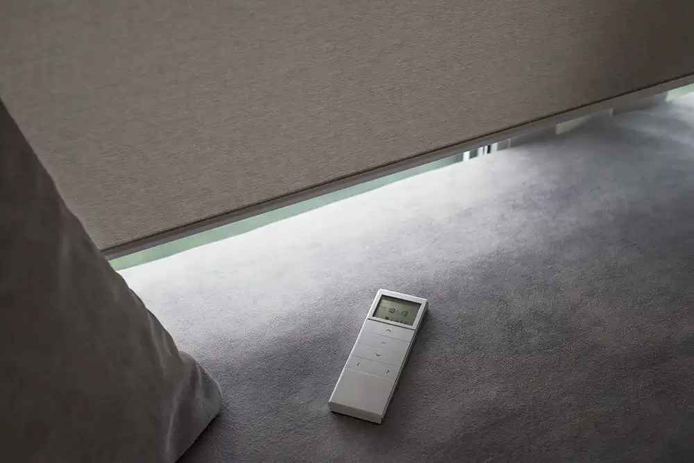 A remote control next to a window.